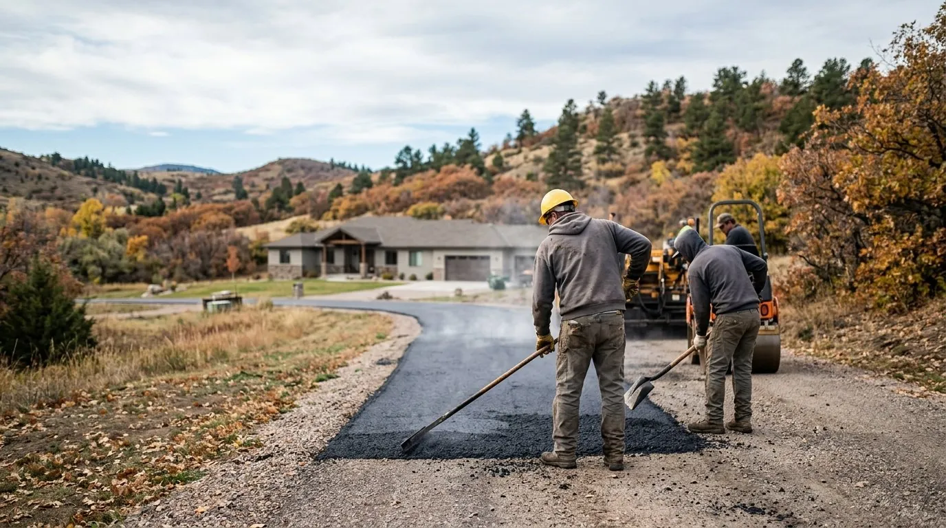 Crew performing asphalt resurfacing in Castle Rock driveway during a crisp fall morning with foothills in background